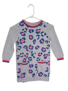 Mini Boden Girls Leopard Print Knit Sweater Dress Grey Long Sleeve Sz 5-6 Years
